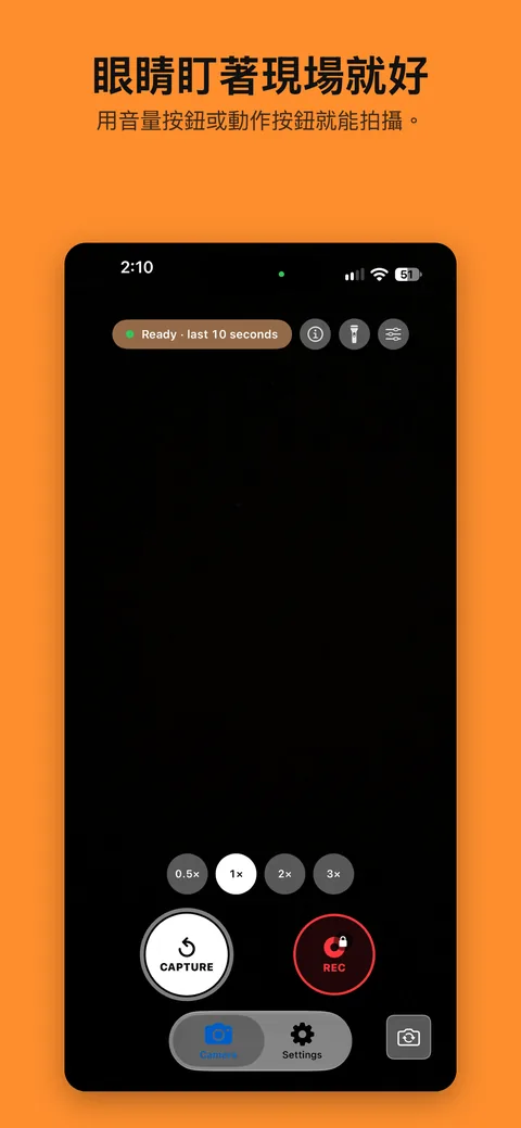 眼睛盯著現場就好. 用音量按鈕或動作按鈕就能拍攝。